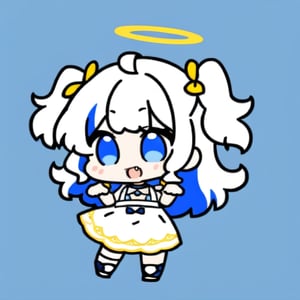 cute, kawaii, chibi, 1girl, (angel), ((white hair)), long curly hair, (two side up), blue eyes,  (curly hair:1.2), (wavy hair), (hair curls), (bangs), (two side up), two blue hair ties on head, (Double golden halo on her head), choker, ((angel wings)), ahoge, fang, White dress with blue lace trim, anime style, cute pose,chibi,simple background, flat color,dal,chibi style,Chibi Style,Anime 