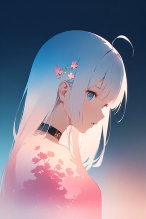 silhouette of astoat girl, solo,  ((white hair)), very long hair, blue eyes, (straight hair), (bangs), animal ears, (stoat ears:1.2), Choker, ahoge, fangs, (big stoat Tail:1.2), (blue X hairpin),Soft colors. Inside the silhouette you can see the double exposure with a sakura flower, masterpiece, ((double exposure)), proportional.,DOUBLE EXPOSURE