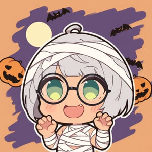 1girl, (gray hair), green eyes, ahoge, (striking bob cut and intense), (black round frame glasses:1.2), mummy dress up, Bandage outfit, Full body bandage, (claw pose), bats, cobweb, pumpkin lantern, moon, blush, (simple halloween background), (eyes highlight), standing, ((upper body)), very beautiful girl, smiling, happy, himecut hairstyle (eyes highlight), standing, solo, (chibi), (Focus on face), 