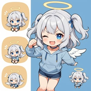 chibi, sd, masterpiece, made by a master, 4k, perfect anatomy, perfect details, best quality, high quality, lots of detail.
(solo),1girl, ((angel)), (white hair), long curly hair, (two side up), blue eyes,  (curly hair:1.2), (wavy hair), (hair curls), (bangs), (two side up), two ((blue)) hair ties on head, (Double golden halo on her head), choker, ((angel wings)), ahoge,one eye closed, Gray hooded long sleeve T-shirt,  Short pants, punching, single, looking at viewer, smiling, fang, happy, slightly angry, chibi, Emote Chibi. simple background, Line,cute comic,simple background, flat color,chibi,Cute girl,dal,Emote Chibi,chibi style,Chibi Style,lineart,comic book