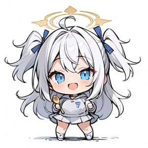  chibi, masterpiece, best quality, solo, 1girl, angel, (white hair), long curly hair, (two side up),blue eyes, (two blue ribbons on her hair), ((Double golden halo on her head)), choker, ((angel wings)), ahoge, full body, cute smile, best smile, open mouth, Wearing grey Hooded T-shirt, long sleeves, pleated skirt, (holding a maga huge spoon), ,masterpiece,simple background, ,