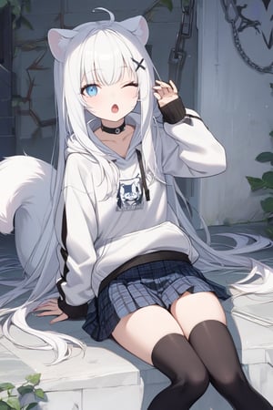 1girl, stoat girl, solo,  ((white hair)), very long hair, blue eyes, (straight hair), (bangs), animal ears, (stoat ears:1.2),
 Choker, ahoge, yaeba, (big white stoat Tail:1.2), (blue X hairpin), solo, looking at viewer, open mouth, bangs, blue eyes, skirt, thighhighs, long sleeves, hair between eyes, sitting, pleated skirt, one eye closed, choker, puffy sleeves, black thighhighs, hood, sleeves past wrists, plaid, hoodie, chain, black choker, plaid skirt, piercing, hood down, puffy long sleeves, ;o, white hoodie, yawning