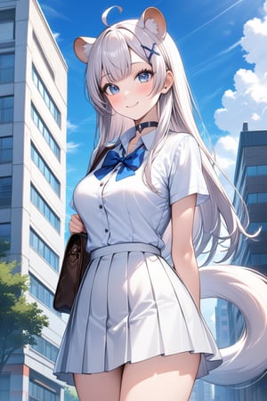 1girl, stoat girl, solo,  ((white hair)), very long hair, blue eyes, (straight hair), (bangs), animal ears, (stoat ears:1.2),
 Choker, ahoge, yaeba, (big white stoat Tail:1.2), (blue X hairpin), solo, long hair, breasts, looking at viewer, blush, smile, bangs, blue eyes, skirt, shirt,  bow, medium breasts, closed mouth, school uniform, standing, white shirt, short sleeves, cowboy shot, pleated skirt,  outdoors, sky, day, collared shirt, cloud, bowtie, bag, buttons, blue bow, white skirt, building, blue bowtie