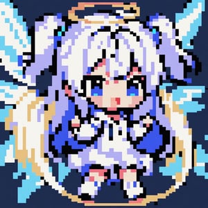 (chibi:1.3), masterpiece, made by a master, 4k, perfect anatomy, perfect details, best quality, high quality, lots of detail.
(solo),1girl, ((angel)), ((white hair)), (long hair:1.1), (two side up:1.2), blue eyes, (wavy hair), (hair curls), (bangs), two ((blue)) hair ties on head, (Double golden halo on her head), choker, ((angel wings)), ahoge, laughing, (white long sleeve hooded top), black pants, white socks, single, open mouth, (full body) ,Emote Chibi. cute comic, flat color, Cute girl,Chibi Style,(pixel art),16 bit,Pixel art,32 bit,pixel style