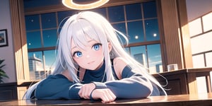 vibrant colors, female, masterpiece, sharp focus, best quality, depth of field, cinematic lighting, ((solo, one woman )), (illustration, 8k CG, extremely detailed), masterpiece, ultra-detailed,
1angel, (white hair), long curly hair, blue eyes, (two blue ribbons on her hair), (Double golden halo on her head), angel wings, sweater, cute outfit, Sitting in a bar, drinking, open mouth, best smile, cute face, perfect light,1girl white hair blue eyes x hair ornament,masterpiece,