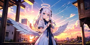  (Best Picture Quality, High Quality, Best Picture Score: 1.3), , Perfect Beauty Score: 1.5, long hair, 1 angel girl, (solo), ((white hair)), (long curly hair), blue eyes, ((two blue ribbons on her hair)), (Double golden halo on her head), (angel wings), (cute outfit), cute smile, background is the setting sun and the sky dyed red by the setting sun, beautiful, cute, masterpiece, best quality,pastelbg