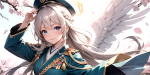  figure, (1girl), (solo), (angel_wings), ((white long curly hair)), blue eyes, two blue ribbons on her hair, (Double golden halo on her head), middle_breast, , cute smile, Japanese military uniform, Japanese military hat, fighting pose, background is cherry blossoms, masterpiece, better_hands, masterpiece, best quality,