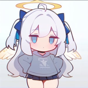  chibi, masterpiece, best quality,1girl, angel, (white hair), long curly hair, (two side up),blue eyes, (two blue ribbons on her hair), ((Double golden halo on her head)), choker, ((angel wings)), ahoge,Wearing grey Hooded T-shirt, long sleeves,pleated skirt,masterpiece,simple background