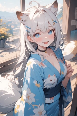  {{{masterpiece}}}, {{{best quality}}}, {{ultra-detailed}}, {beautiful detailed eyes},1girl, stoat girl, solo,  ((white hair)), very long hair, blue eyes, (straight hair), (bangs), animal ears, (stoat ears:1.2), Choker, ahoge, fangs, (big white fox Tail:1.2), (blue X hairpin), (cute yukata, colorful yukata), smiling, Beautiful eyes