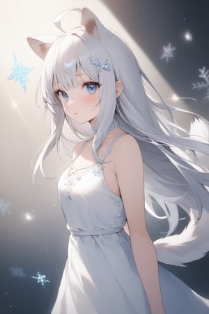 1girl, stoat girl, solo,  ((white hair)), very long hair, blue eyes, (straight hair), (bangs), animal ears, (stoat ears:1.2),
 Choker, ahoge, yaeba, (big white stoat Tail:1.2), (blue X hairpin), solo, ((standing: 2.5)), long hair, looking at viewer, blush, bangs, himecut, parted lips, blurry, lips, ((white dress: 2)), eyelashes, portrait, light particles, ((masterpiece: 2)), excellent quality, light particles, snowflakes, ((stunning_image: 1.5)), ((snowflakes in air: 1)), medium long shot.