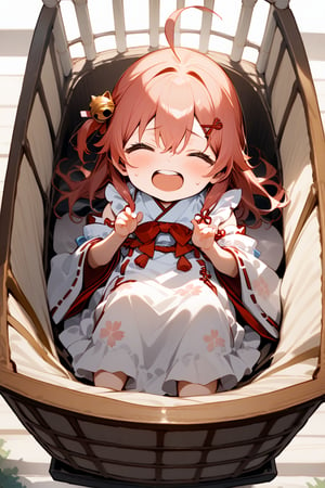 score_9, score_8_up, score_7_up, score_6_up, masterpiece, best quality, 
SakuraMiko, 1baby, long hair, ahoge, one side up, 
cherry blossom print, nontraditional miko, frills, hair bell, 
In the cradle, from above, Open mouth, laughing,