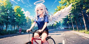  (Best Picture Quality, High Quality, Best Picture Score: 1.3), , Perfect Beauty Score: 1.5, long hair, 1 angel girl, (solo), ((white hair)), (long curly hair), blue eyes, ((two blue ribbons on her hair)), (Double golden halo on her head), (angel wings), (cute outfit), wearing short sleeve, cute smile, Riding a bicycle on the road, background is The sky , beautiful, cute, masterpiece, best quality,perfect light,