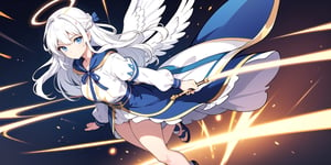 vibrant colors, female, masterpiece, sharp focus, best quality, depth of field, cinematic lighting, ((solo, one woman )), (illustration, 8k CG, extremely detailed), masterpiece, ultra-detailed,
1angel, (white hair), long curly hair, blue eyes, (two blue ribbons on her hair), (Double golden halo on her head), angel wings, Wearing Hooded T-shirt, (full body), look in the camera,perfect light,