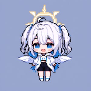 (chibi:1.3), masterpiece, made by a master, 4k, perfect anatomy, perfect details, best quality, high quality, lots of detail.
(solo),1girl, ((angel)), ((white hair)), (long hair:1.1), (two side up:1.2), blue eyes, (wavy hair), (hair curls), (bangs), two ((blue)) hair ties on head, (Double golden halo on her head), choker, ((angel wings)), ahoge, laughing, (white long sleeve hooded top), black pants, white socks, single, open mouth, (full body) ,Emote Chibi. cute comic, flat color, Cute girl,Chibi Style,(pixel art),16 bit,Pixel art,32 bit