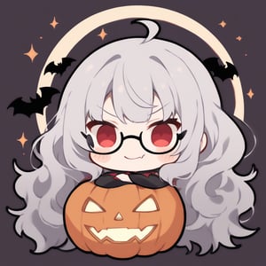 1girl, (gray hair), red eyes, ahoge, (long curly hairs), (black round frame glasses:1.2), (vampire style dress), (Vampire Fangs) , (Arms Crossed), bats, cobweb, pumpkin lantern, moon, blush, (simple halloween background), (eyes highlight), standing, ((upper body)), very beautiful girl, smiling, slightly angry, himecut hairstyle, solo, (chibi), (Focus on face), 