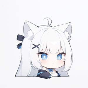 (chibi style), {{{masterpiece}}}, {{{best quality}}}, {{ultra-detailed}}, {beautiful detailed eyes},1girl, solo,  ((white hair)), very long hair, blue eyes, (straight hair), (bangs), animal ears, (stoat ears:1.2), Choker, ahoge, fangs, (big stoat Tail:1.2), (X hairpin), (White sleeveless collared dress, (Two-piece dress), (blue chest bow)), (black hooded oversized jacket:1.2), (Off the shoulders), ((shadow face:1.2)), (angry eyes), (closed mouth), upper body,chibi emote style,chibi,emote, cute,Emote Chibi,Line Chibi yellow,