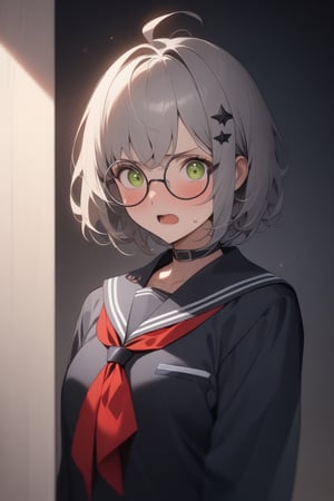 1girl, (gray hair), green eyes, short hair, (Bob Hair), ahoge, (black round frame glasses:1.2), (black star hairpin), (Sailor Suit), (student uniform), dark blue collar, (red bow tie), Dark blue pleated skirt, blush, (In a dark room), (eyes highlight), standing, ((upper body)), very beautiful girl, shock, surprise, eyes wide open, Open mouth wide, sweat, slightly angry, himecut hairstyle, masterpiece quality, stunning image, masterpiece, 8K, stunning image, light particles, attractive image, reflections,  \medium\,Beautiful eyes,