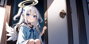 Anime-style illustration depicting a Japanese room scene. A young girl,1angel, (white hair), long curly hair, blue eyes, (two blue ribbons on her hair), (Double golden halo on her head), ((angel wings)),  two side up, (a small feather on the front hair), dress, cute outfit, best smile, cute face, wearing a choker and a hooded spring coat. The perspective is from below, focusing on the girl, in door. sitting,