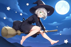 1girl, (gray hair), green eyes, short hair, ahoge, (black round frame glasses:1.2), broom, barefoot, broom_riding, hat, solo, sky, one_eye_closed, witch_hat, night, moon, witch, open_mouth, smile, night_sky, full_moon, cloud, star_(sky), dress, starry_sky, long_sleeves, full_body, toes, feet, black_dress, ;d, flying, anime screencap