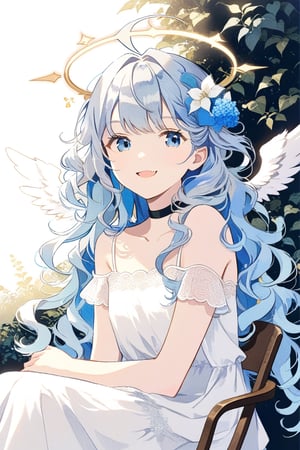 1girl, angel, white hair, long curly hair, (two side up), blue eyes,  (curly hair:1.2), (wavy hair), (hair curls)
, (bangs), (two side up), two blue hair ties on head, (Double golden halo on her head), bowtie choker, angel wings, ahoge, fang,solo, looking at viewer, smile, simple background, white  dress, white background, hair between eyes, closed mouth, collarbone, upper body, female focus, sit on chair in garden 