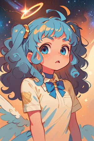 (best quality, masterpiece), 1girl, angel, white hair, long curly hair, (two side up), blue eyes,  (curly hair:1.2), (wavy hair), (hair curls), (bangs), (two side up), two blue hair ties on head, (Double golden halo on her head), bowtie choker, angel wings, ahoge, fang, particle, upper body, looking at viewer, galaxy