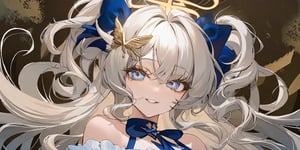 //quality
masterpiece, best quality, aesthetic, 
//Character
1girl, angel, white hair, long curly hair, (two side up), blue eyes, two blue ribbons on her hair, (Double golden halo on her head), choker, angel wings, (beautiful eyes:1.0), big eyes, deailed eyes, (beautiful face:1.0), fine skin, 
(medium breasts:1.2), 
//Fashion 
(The girl is smiling wryly,:1.0), 
//Background 
(Ink painting:1.2),  Light ochre background