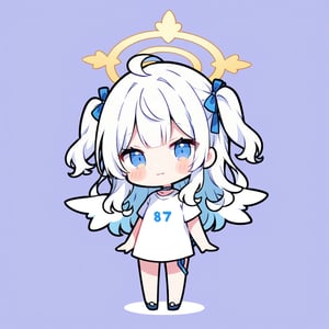 score_9,score_8_up,score_7_up, chibi, chibi style, 1girl, angel, ((white hair)), long curly hair, (two side up), blue eyes,  (curly hair:1.2), (wavy hair), (hair curls)
, (bangs), (two side up), two blue hair ties on head, (Double golden halo on her head), bowtie choker, angel wings, ahoge, fang, (white T-shirt),looking at viewer,blush,,simple background,white background,closed mouth,standing,full body,