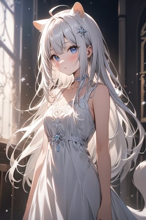 1girl, stoat girl, solo,  ((white hair)), very long hair, blue eyes, (straight hair), (bangs), animal ears, (stoat ears:1.2),
 Choker, ahoge, yaeba, (big white stoat Tail:1.2), (blue X hairpin), solo, ((standing: 2.5)), long hair, looking at viewer, blush, bangs, himecut, parted lips, blurry, lips, ((white dress: 2)), eyelashes, portrait, light particles, ((masterpiece: 2)), excellent quality, light particles, snowflakes, ((stunning_image: 1.5)), ((snowflakes in air: 1)), medium long shot.