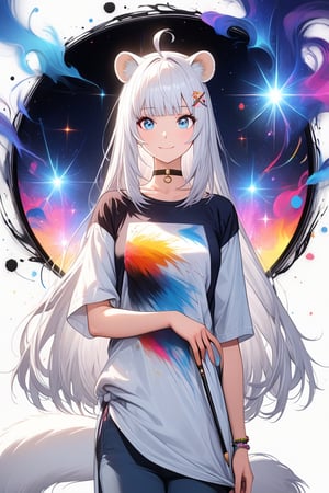 A very beautiful anime girl, 1girl, stoat girl, solo,  ((white hair)), very long hair, blue eyes, (straight hair), (bangs), animal ears, (stoat ears:1.2),
 Choker, ahoge, yaeba, (big white stoat Tail:1.2), (blue X hairpin),wearing a very casual outfit, white background, holding a big paintbrush, holding palette, the girl is drawing a line of ink in the air as if it were a canvas, front view, looking away, smiling, shining gaze, masterpiece quality, stunning image, colorful,ink paint,Ink art