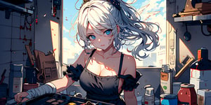 full body,masterpiece, best quality, highres, kta1,1girl, angel, white hair, long curly hair, blue eyes, two blue ribbons on her hair, (Double golden halo on her head), angel wings, ponytail, detached sleeves, cleavage, In the kitchen, bare shoulders, medium breasts, Making heart shaped chocolates, wearing an apron, background_Urban rooftop, despair, ((masterpiece)), (((best quality))), ((ultra-detailed)), ((illustration)), ((disheveled hair)),torn clothes,tearing with eyes open,solo,bandages,Gunpowder smoke,beautiful deatailed shadow, Splashing blood,dust,tyndall effect,portrait,