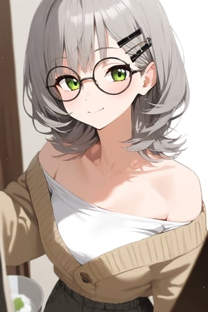 1girl, (gray hair), green eyes, medium hair, (bucket hat), (black round frame glasses:1.2), (black star hairpin), (light top), collarbone, (Sweater Jacket), cotton pants, Off-shoulder, (happy), (in room), indoor, (eyes highlight), standing, ((upper body)), very beautiful girl, Sleepy eyes, closed mouth, :), slightly angry, himecut hairstyle,, masterpiece quality, stunning image, masterpiece, 8K, stunning image, light particles, attractive image, reflections, Dutch Angle Shot,Beautiful eyes,