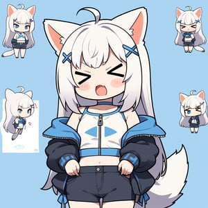 (chibi:1.3), masterpiece, made by a master, 4k, perfect anatomy, perfect details, best quality, high quality, lots of detail.
(solo),1girl, ((stoat girl)), solo,  ((white hair)), very long hair, blue eyes, (straight hair), (bangs), animal ears, (stoat ears:1.2), Choker, ahoge, cute_fang, (big Fox Tail:1.2), (blue X hairpin), (White collared sleeveless top, (midriff), blue chest bow), (black hooded oversized jacket:1.2), (jacket zipper half unzipped), (black short pants) (Off the shoulders), single, (((>_<:1.4))), hands on body, (upper body) ,Emote Chibi. cute comic,simple background, flat color, Cute girl,dal,Chibi Style,lineart,comic book,