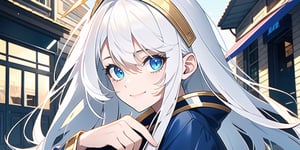 vibrant colors, female, masterpiece, sharp focus, best quality, depth of field, cinematic lighting, ((solo, one woman )), (illustration, 8k CG, extremely detailed), masterpiece, ultra-detailed,
1angel, (white hair), long curly hair, blue eyes, (two blue ribbons on her hair), (Double golden halo on her head), angel wings, White shirt, black coat, cute outfit, Sitting in a street cafe, best smile, cute face, perfect light,1girl white hair blue eyes x hair ornament,masterpiece