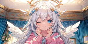 1girl, angel, white hair, long curly hair, blue eyes, two blue ribbons on her hair, (Double golden halo on her head), angel wings,, beautiful face, (eyes closed), happiness, closed mouth smile, pink lips, holding face with both hands, cute hoodie, cute room, cute interior,portrait