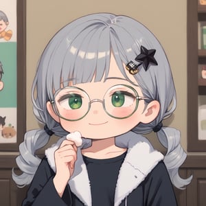 1girl, (gray hair), green eyes, long hair, ( pigtails:1.2), (black round frame glasses:1.2), (black star hairpin), (casual wear), collarbone, (Knight Coat), cotton pants, (happy), (in room), indoor, (eyes highlight), standing, ((upper body)), very beautiful girl, Sleepy eyes, closed mouth, :), himecut hairstyle, solo, (chibi), (Focus on face),((Chibi character)), chibi style