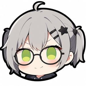 1girl, 1girl, (gray hair), green eyes, (short Twin ponytails:1.2), ahoge, (black round frame glasses:1.2), (black star hairpin), hooded cloak, Hood Down, long sleeve shirt top,Short skirt, boots, solo, (chibi, head only), blush, (close-up portrait), (smug face), Upper Body, (Focus on face), simple white background,