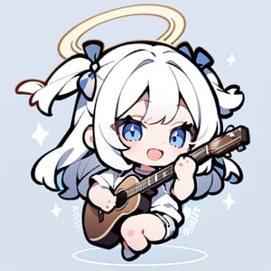  chibi, masterpiece, best quality, solo, 1girl, angel, (white hair), long curly hair, (two side up),blue eyes, (two blue ribbons on her hair), ((Double golden halo on her head)), choker, ((angel wings)), full body, cute smile, best smile, open mouth, Wearing white T-shirt, short pants, playing guitar, simple background,masterpiece,Chibi anime,doodle