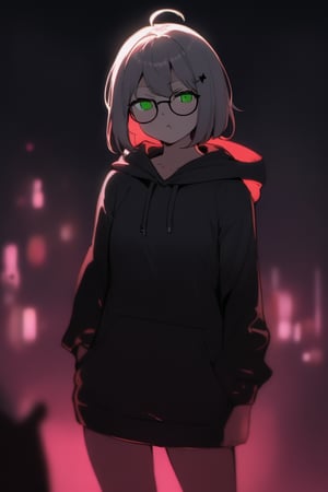 1girl, (gray hair), green eyes, short hair, (Bob Hair, (pony tail:1.2)), ahoge, (black round frame glasses:1.2), (black star hairpin), hooded cloak, Hood Down, long sleeve shirt top,Short skirt, boots, ((White long sleeve hoodie)), mature female, no pupils, straight-on, half-closed eyes, narrowed eyes, pout, blurry background, alp, (((neon theme))), perfect_hands, dark theme, vivid color, masterpiece, best quality, amazing quality, very aesthetic, absurdres, depth of field, score_9, archi-ghelber-style