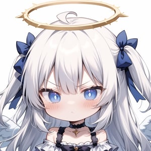 1girl, angel, white hair, long curly hair, (two side up), blue eyes, two blue bows on head, (Double golden halo on her head), choker, ((angel wings on back)), ahoge,  (White gothic lolita style ruffle dress, blue ribbon), ((Off the shoulders:1.2)), solo, (chibi, head only), blush, mouth close, (close-up portrait), (angry, blush, pouty), ((shadow face:1.3)), (glowing eyes), Upper Body, (Focus on face), simple white background,((Chibi character)), 