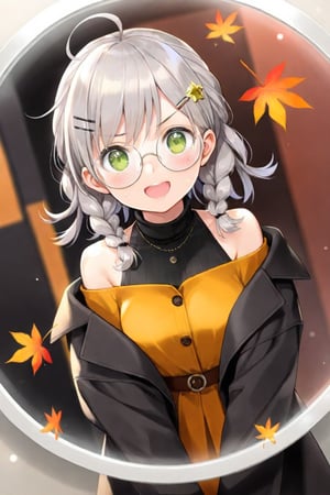 1girl, (gray hair), green eyes, medium hair, (double braid), ahoge, (black round frame glasses:1.2), (black star hairpin), (autumn clothing), (Dark coat), Sleeveless top, Short skirt, Off-shoulder, (happy), Emotionally excited, (On the streets in autumn), (eyes highlight), standing, ((upper body)), very beautiful girl, eyes wide open, Open mouth wide, sweat, slightly angry, himecut hairstyle, masterpiece quality, stunning image, masterpiece, 8K, stunning image, light particles, attractive image, reflections, Dutch Angle Shot,Beautiful eyes,