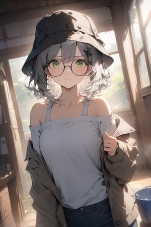 1girl, (gray hair), green eyes, medium hair, (bucket hat:1.2), (black round frame glasses:1.2), (black star hairpin), (light top), collarbone, (Sweater Jacket), cotton pants, Off-shoulder, (happy), (in room), indoor, (eyes highlight), standing, ((upper body)), very beautiful girl, Sleepy eyes, closed mouth, :), slightly angry, himecut hairstyle,, masterpiece quality, stunning image, masterpiece, 8K, stunning image, light particles, attractive image, reflections, Dutch Angle Shot,Beautiful eyes,