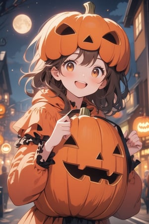 A cute girl wearing a pumpkin mask on her head, Halloween costume, celebrating Halloween on the street at night, pumpkin lantern, cute face, smiling, moon, anime style