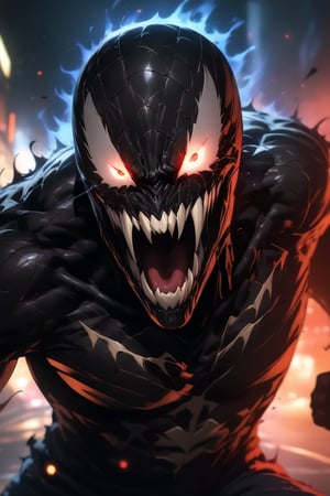 Marvel character Venom, (attack), (fighting), Punch, Punching in viewer, (On the streets at night), aura, (eyes highlight), standing, ((upper body)), eyes wide open, Open mouth wide, sweat, slightly angry, masterpiece quality, stunning image, masterpiece, 8K, stunning image, light particles, attractive image, reflections,