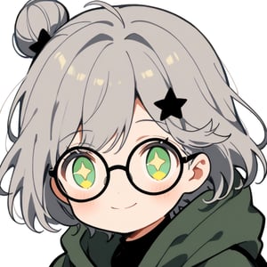 1girl, (gray hair), green eyes, short hair, ahoge, (black round frame glasses:1.2), (black star hairpin), dark green hooded cloak, Hood Down, dress, Short skirt, boots, ((Half Bun :1.2)), ((Off the shoulders:1.2)), solo, smiling, blush, (close-up portrait), ((sparkling eyes)), Upper Body, (Focus on face), simple white background,