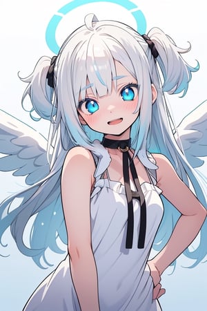 (photorealistic:1.4), (anime colored:1.5),(masterpiece, sidelights, exquisite gentle eyes), (character focus,face focus,close to viewer,portrait,masterpiece,)、anime colored,,cute face、 3D face,(cyan hair to blue hair gradient hair),,(1 girl), angel, white hair, long curly hair, (two side up), blue eyes, Two (blue) hair ties on head , (Double (golden) halo on her head), choker, (angel wings), ahoge, (open stance,put your hands on your hip:1.3),(blue eyes:1.5),(upper body:1.5),(sleeveless white hair fur sundress :1.5),(kind face),(blush)、(cute face)、(head tilt:1.5), (cute face),(open mouth,Laughter:1.2),Gentle face,(medium breasts),(gradient background)、(glowing eyes)、
neat and clean、adorable、Slim Body,(tareme:1.5),,shiny hair, shiny skin、,niji,sketch,manga,

