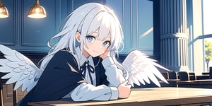 vibrant colors, female, masterpiece, sharp focus, best quality, depth of field, cinematic lighting, ((solo, one woman )), (illustration, 8k CG, extremely detailed), masterpiece, ultra-detailed,
1angel, (white hair), long curly hair, blue eyes, (two blue ribbons on her hair), (Double golden halo on her head), angel wings, White shirt, black coat, cute outfit, Sitting in a street cafe, best smile, cute face, perfect light,1girl white hair blue eyes x hair ornament,masterpiece