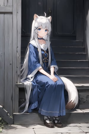 1girl, stoat girl, solo,  ((white hair)), very long hair, blue eyes, (straight hair), (bangs), animal ears, (stoat ears:1.2),
 Choker, ahoge, yaeba, (big white stoat Tail:1.2), (blue X hairpin), An animated image of a woman in a blue dress sitting on a set of stairs. The woman has long hair and blue eyes. She is wearing a white scarf around her neck. The stairs she is sitting on are made of gray wood. There is a window to the left of the woman. The wall behind the woman  has a design on it.