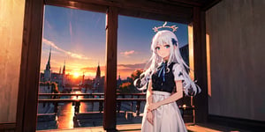  (Best Picture Quality, High Quality, Best Picture Score: 1.3), , Perfect Beauty Score: 1.5, long hair, 1 angel girl, (solo), ((white hair)), (long curly hair), blue eyes, ((two blue ribbons on her hair)), (Double golden halo on her head), (angel wings), (cute outfit), cute smile, background is the setting sun and the sky dyed red by the setting sun, beautiful, cute, masterpiece, best quality,ff14bg