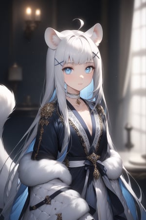 1girl, stoat girl, solo,  ((white hair)), very long hair, blue eyes, (straight hair), (bangs), animal ears, (stoat ears:1.2),
 Choker, ahoge, yaeba, (big white stoat Tail:1.2), (blue X hairpin), Beautiful girl. She is very badass, she wears a very luxurious outfit, pretty detailed, shining skin, detailed skin, dynamic light, wallpaper quality, detailed eyes, shining, blue eyes, blurry background, detailed image, detailed skin, upper body, looking at viewer, stunning image, 8k, proffesional style, luxurious room in background. Water drop, ((masterpiece: 1.2)), light particles, ink droplets in background.,Masterpiece,Stunning image,Professional style