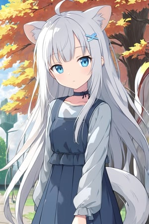 1girl, stoat girl, solo,  ((white hair)), very long hair, blue eyes, (straight hair), (bangs), animal ears, (stoat ears:1.2),
 Choker, ahoge, yaeba, (big white stoat Tail:1.2), (blue X hairpin),  casual outfit, outdoors, looking at viewer, close view,midjourney,anime,1girl_Anime,Detail